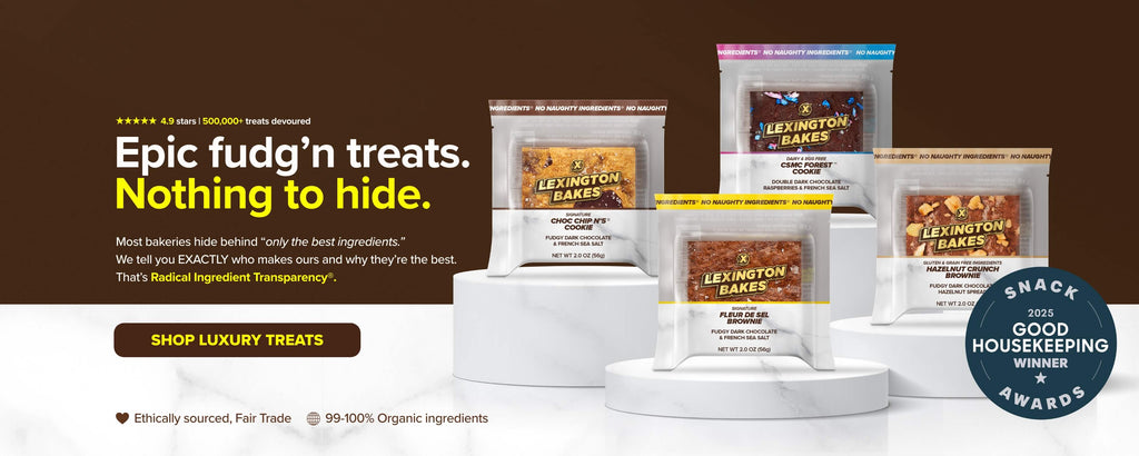 LEXINGTON BAKES Epic Fudgn Treats Nothing to Hide. 4.9 stars rating. real organic fair brownies and cookies. Good Housekeeping Best Snack Award Winner