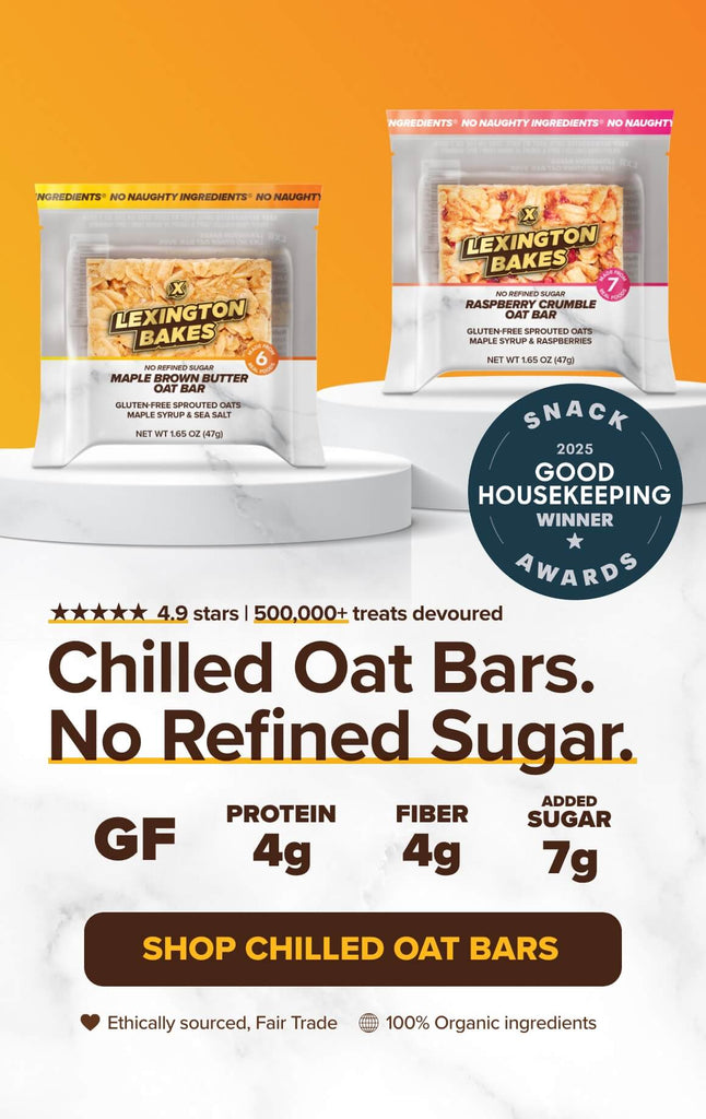 LEXINGTON BAKES Chilled Oat Bars. Breakfast. anytime. 4g protein & fiber. Gluten free. Organic. Good Housekeeping Best Snack Award Winner