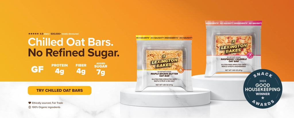 LEXINGTON BAKES Chilled Oat Bars. Breakfast. anytime. 4g protein & fiber. Gluten free. Organic. Good Housekeeping Best Snack Award Winner