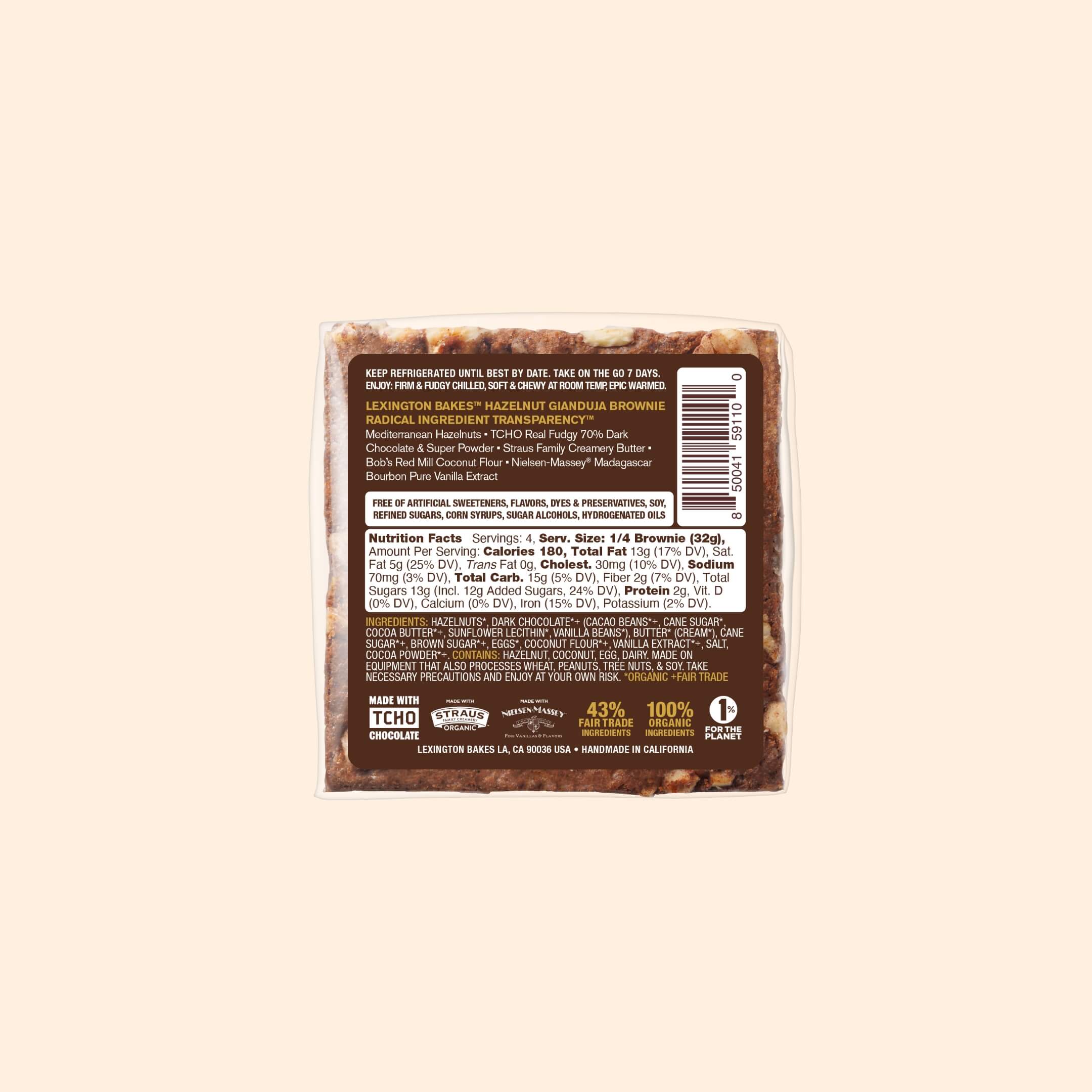 Lexington Bakes Hazelnut Gianduja Brownie Nutrition Label