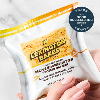Lexington Bakes maple brown butter protein oat bar in packaging, held in hand
