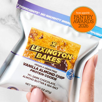 Lexington Bakes vanilla almond chocolate chip protein cookie in packaging